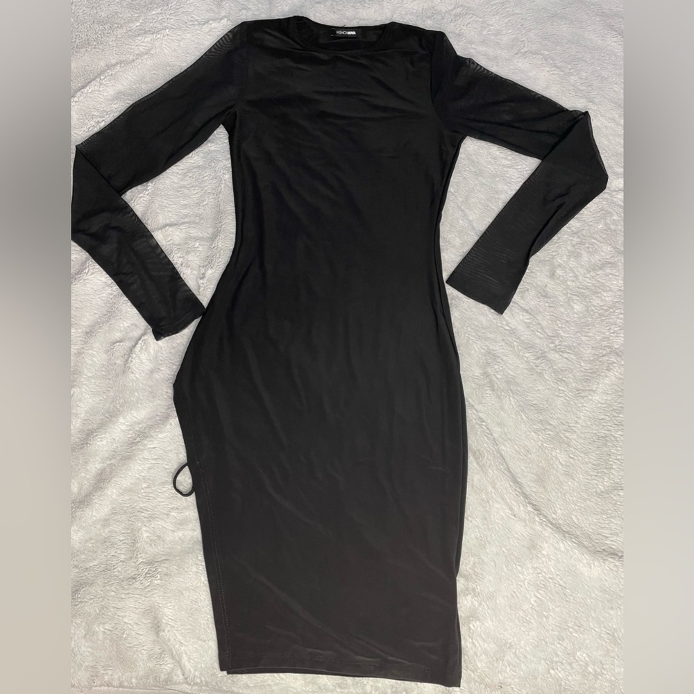 Black Mesh Sleeved Mini Dress with leg slit